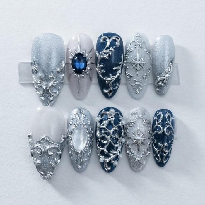 Icy Silver Filigree Snowflake and Blue Gem Press On Nails