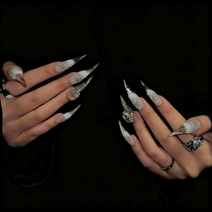 Icy White Ombre Snowflake Press On Nail Set With Crystal Charms