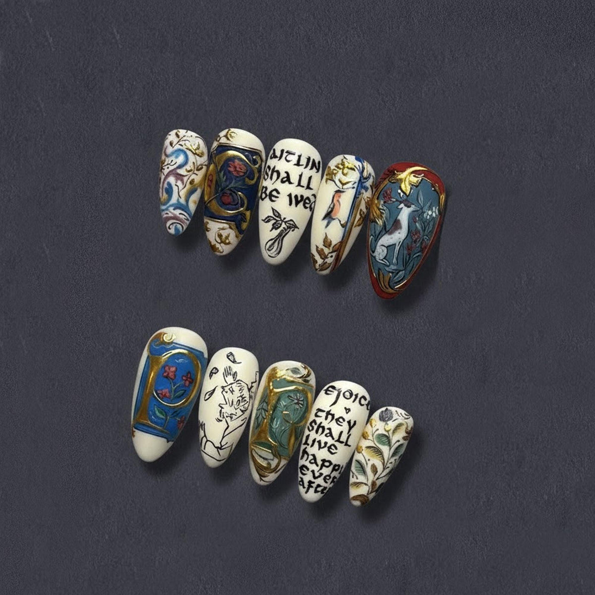 Illuminated Manuscript Press-On Nails With Parchment, Floral Art, and Calligraphy