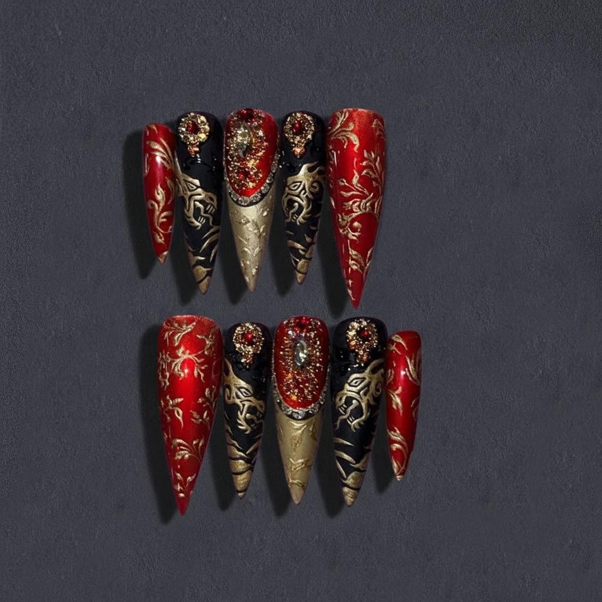 Imperial Red, Black & Gold Dragon Floral Press-On Nail Set