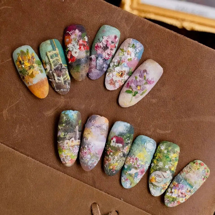 Impressionist Flower Field Press On Nails in Colorful Garden Scenes