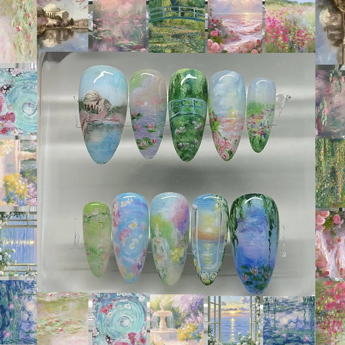 Impressionist Garden Landscape Press On Nails in Pastel Greens and Blues