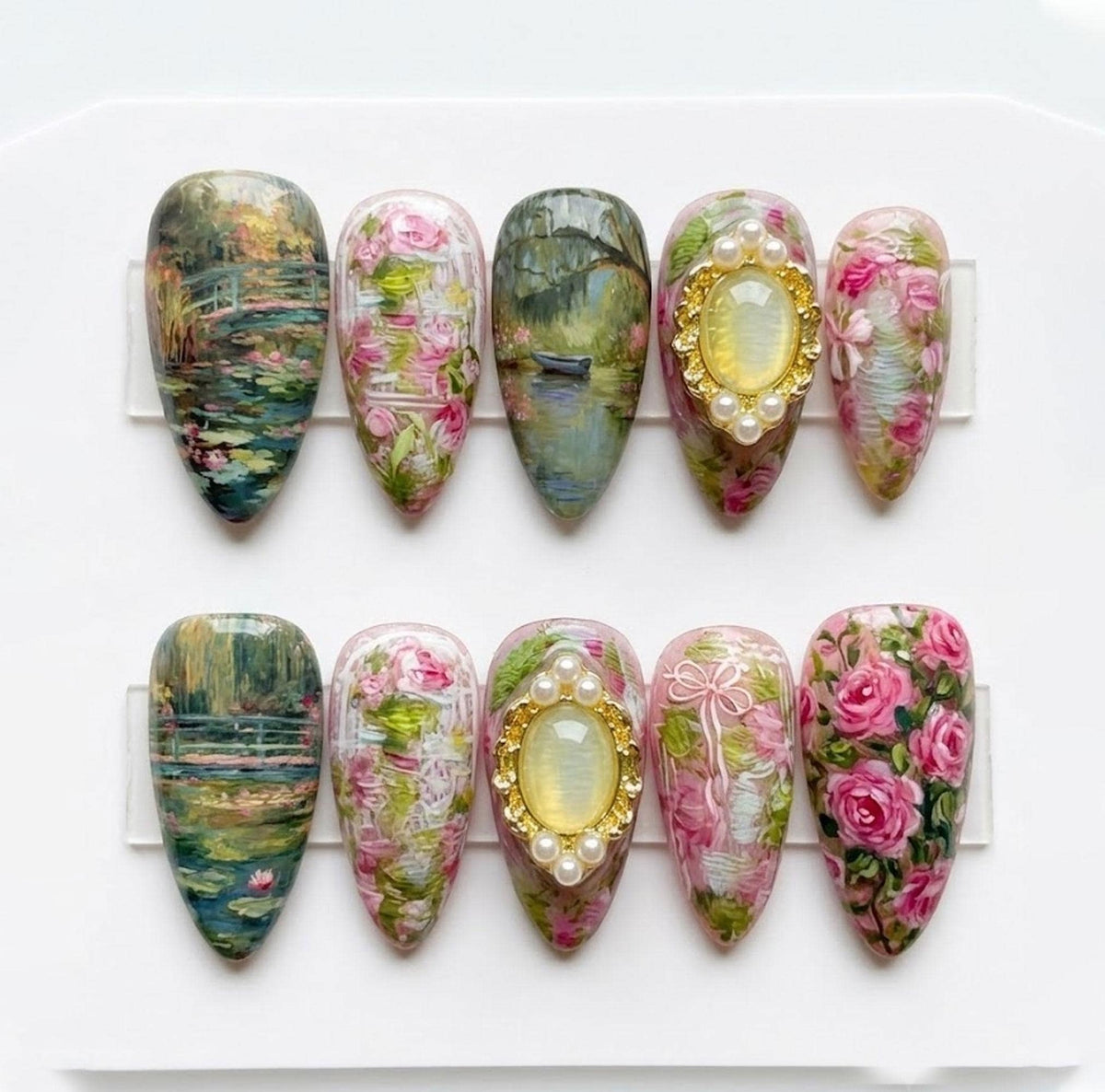 Impressionist Garden Press On Nails with Pink Roses and Pearl Gold Frames