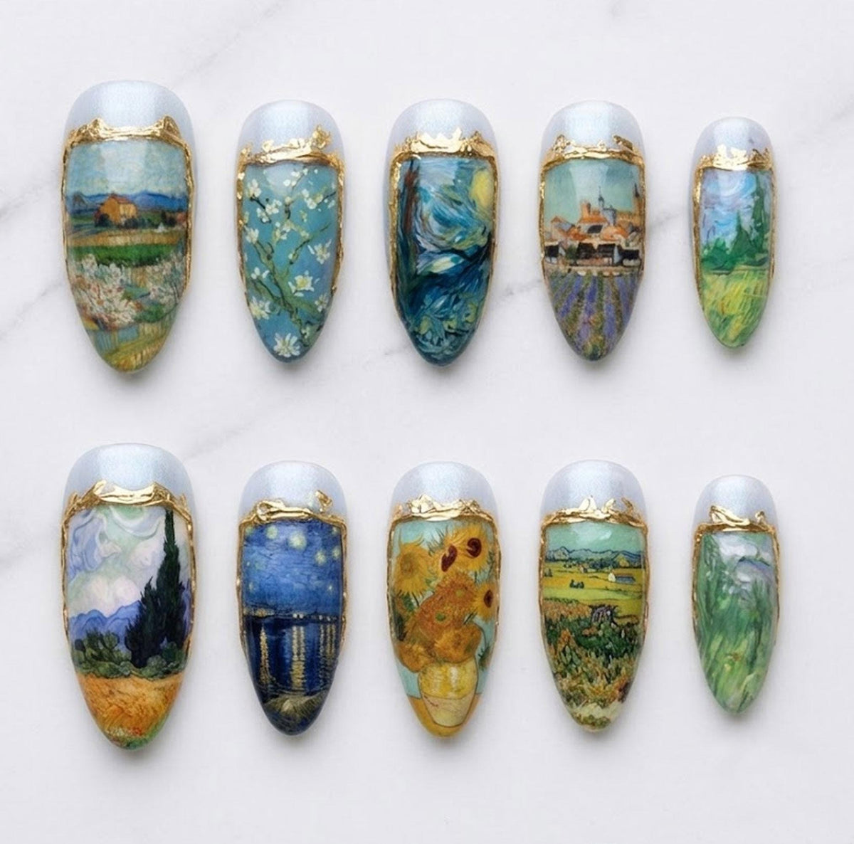 Impressionist Landscape Press On Nails With Pearly Bases and Raised Gold Trim