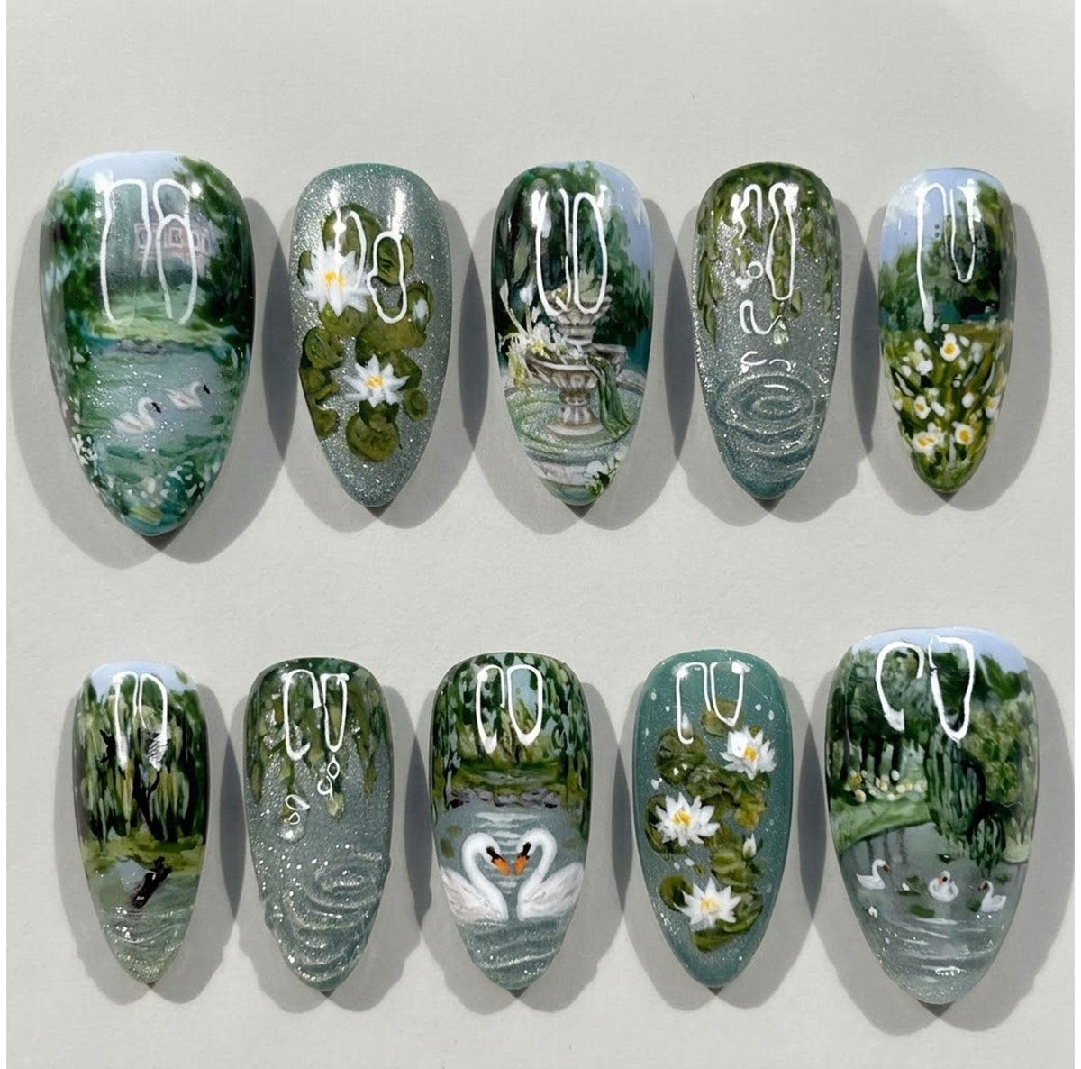 Impressionist Swan and Water Lily Pond Nail Set