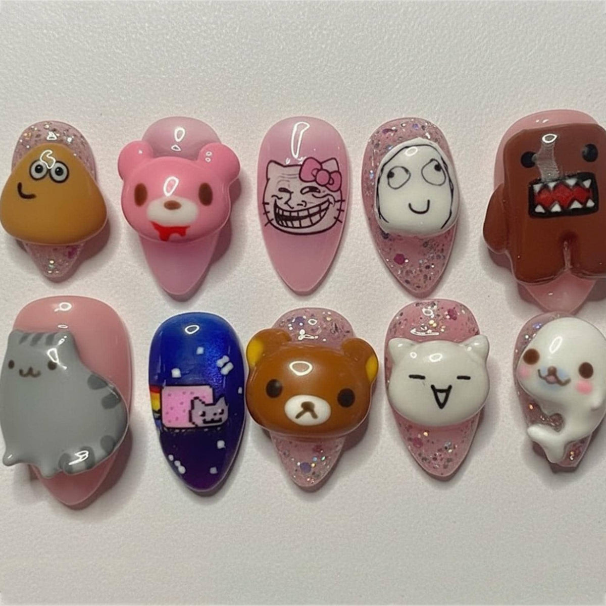 Internet Meme Character Press-On Nails With Sculpted Cartoon Faces and Glitter