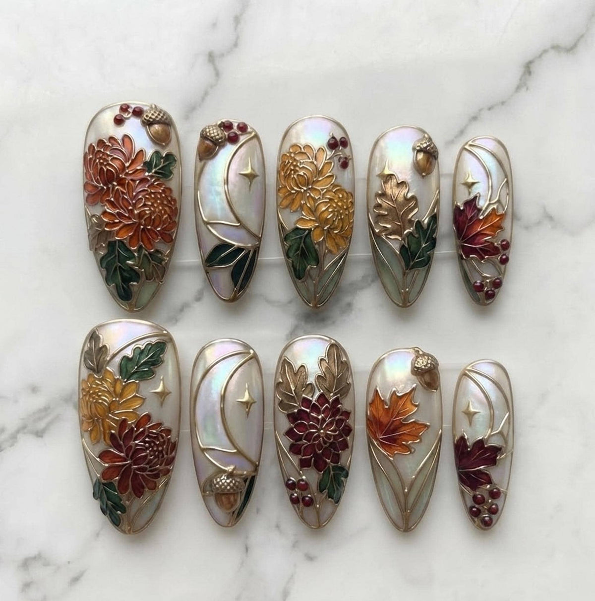 Iridescent Autumn Chrysanthemum Nails With 3D Leaves and Gold Details
