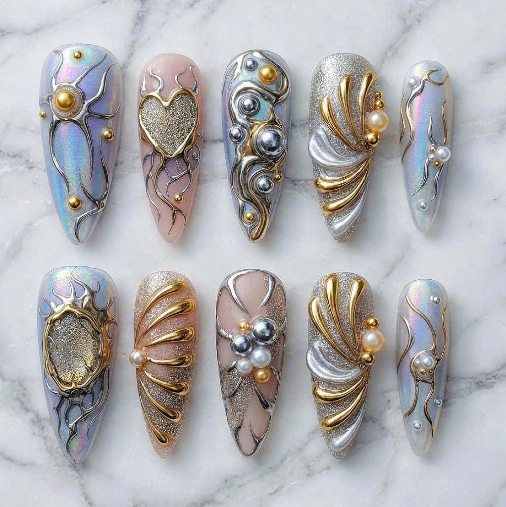 Iridescent Blue and Silver 3D Sculptural Pearl Nail Set