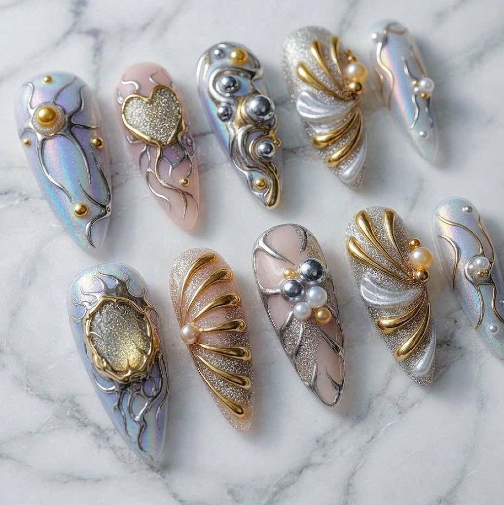 Iridescent Blue and Silver 3D Sculptural Pearl Nail Set