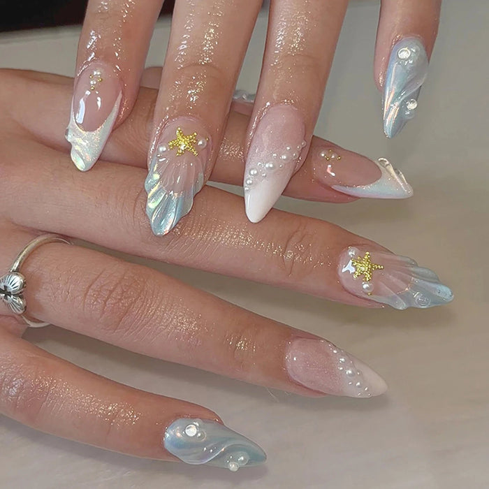 Iridescent Blue Shell and Starfish Press-On Nails