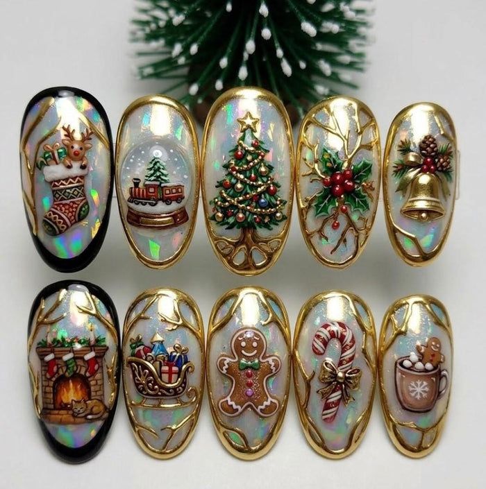 Iridescent Gold Christmas Press On Nails with 3D Tree, Holly and Gingerbread Details