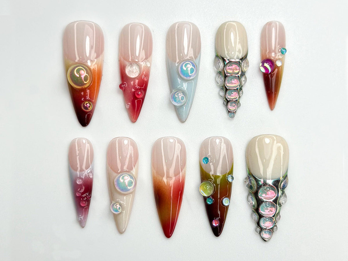 Iridescent Gradient Bubble Nails with Raised Chrome Accents