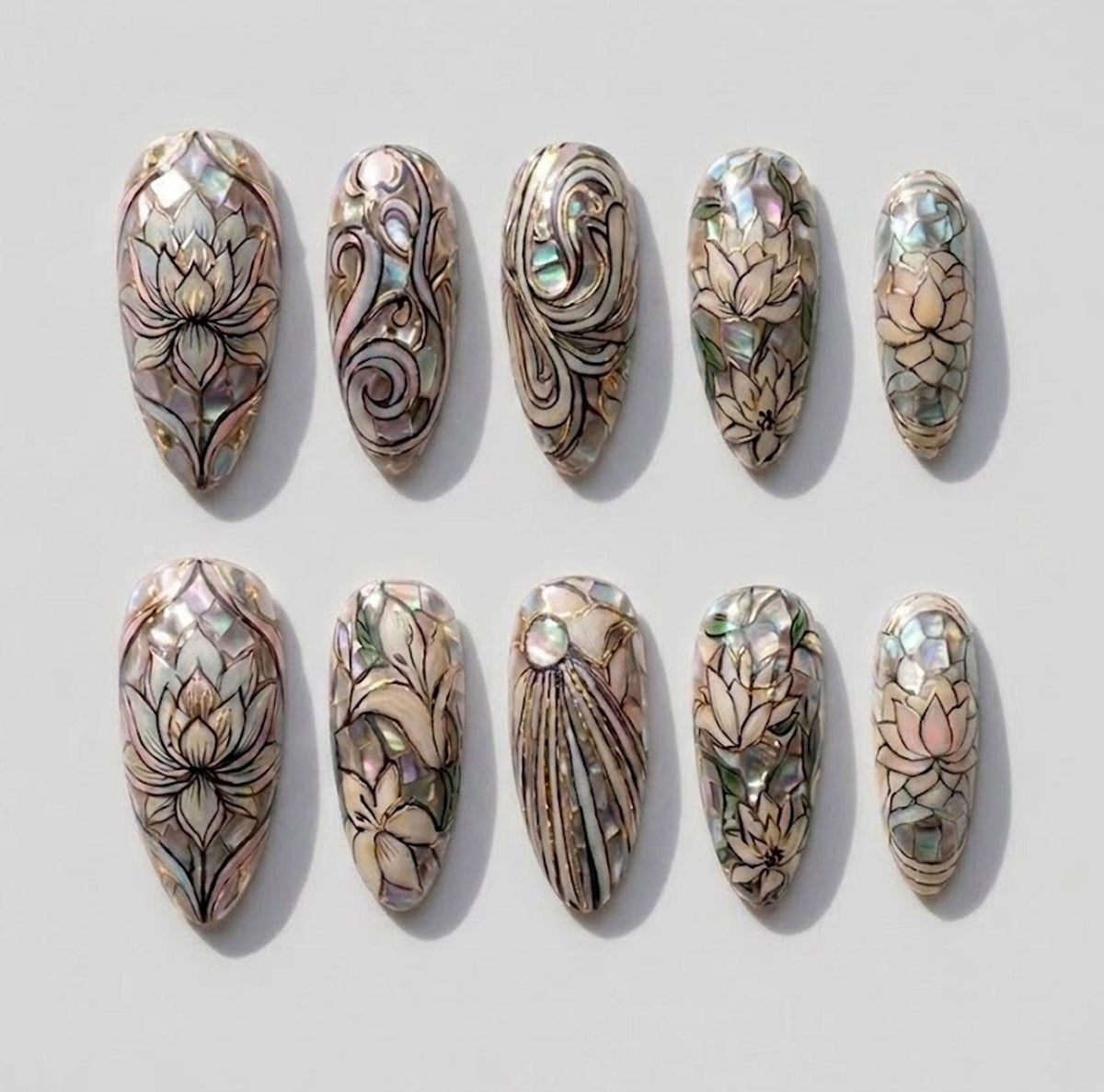 Iridescent Lotus Stained Glass Press-On Nails