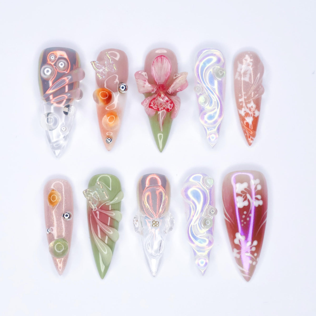 Iridescent Pearl Floral Nail Set with Raised Pink Flowers and Ornate Swirls
