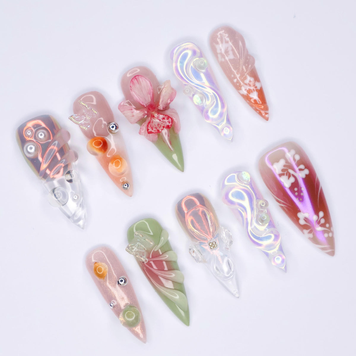 Iridescent Pearl Floral Nail Set with Raised Pink Flowers and Ornate Swirls