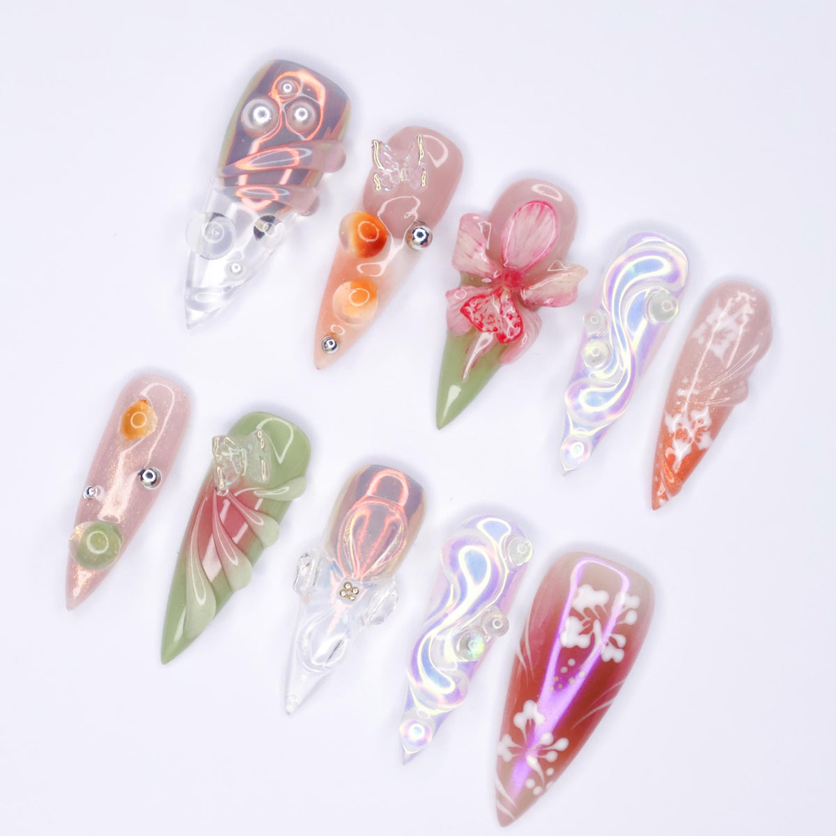 Iridescent Pearl Floral Nail Set with Raised Pink Flowers and Ornate Swirls