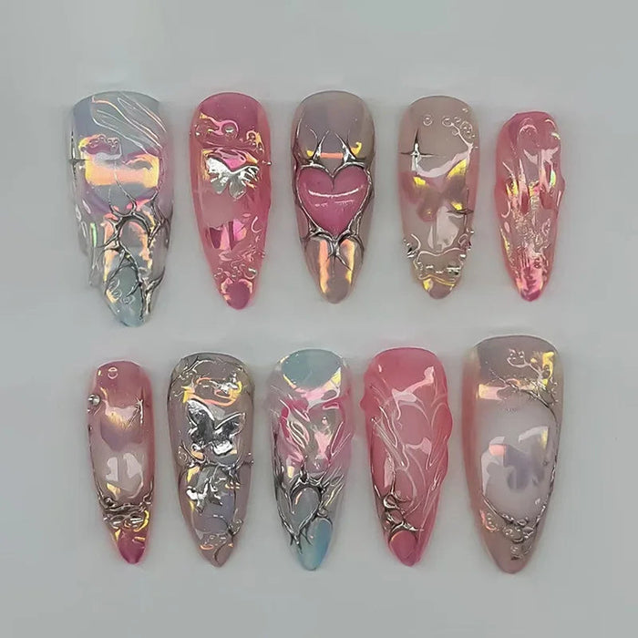 Iridescent Pink Chrome Press On Nails With Silver Filigree, Heart, and Pearl Accents