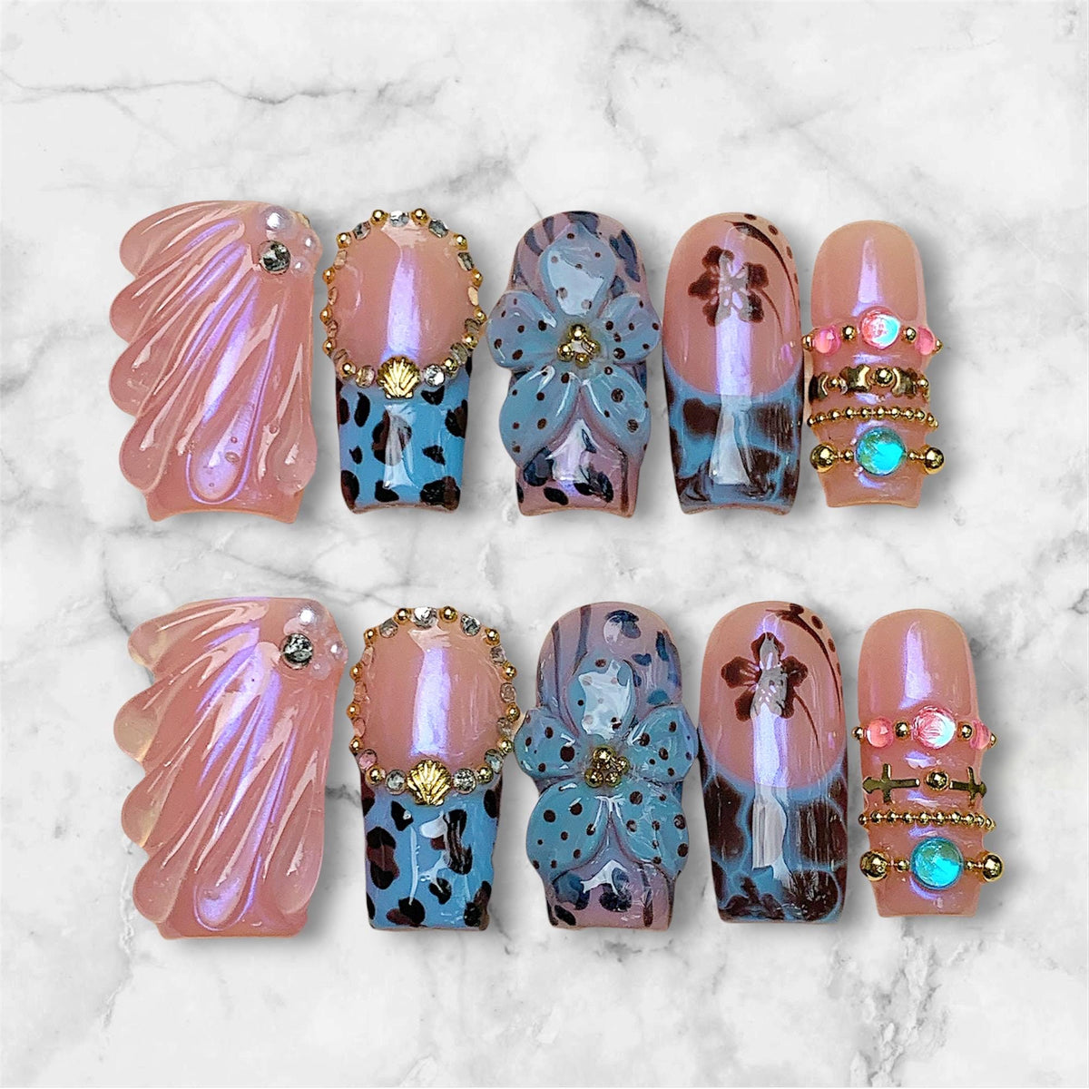 Iridescent Pink Shell and Blue Floral Press-On Nail Set with Gold Bead Details