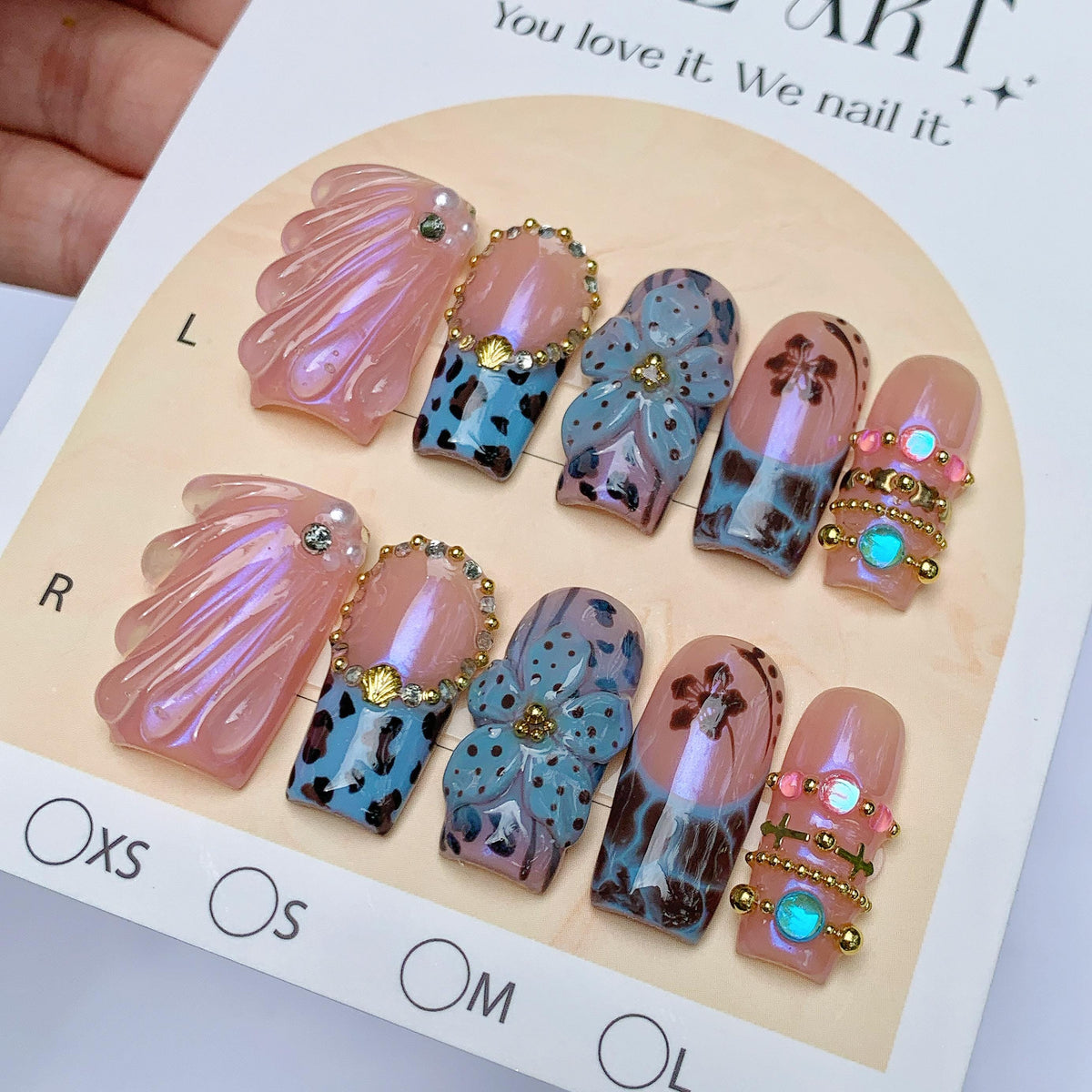 Iridescent Pink Shell and Blue Floral Press-On Nail Set with Gold Bead Details