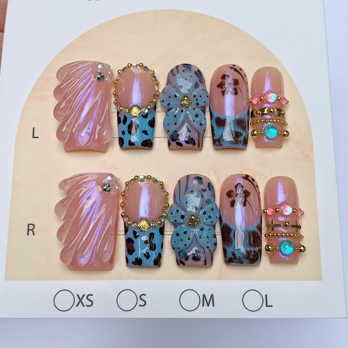 Iridescent Pink Shell and Blue Floral Press-On Nail Set with Gold Bead Details