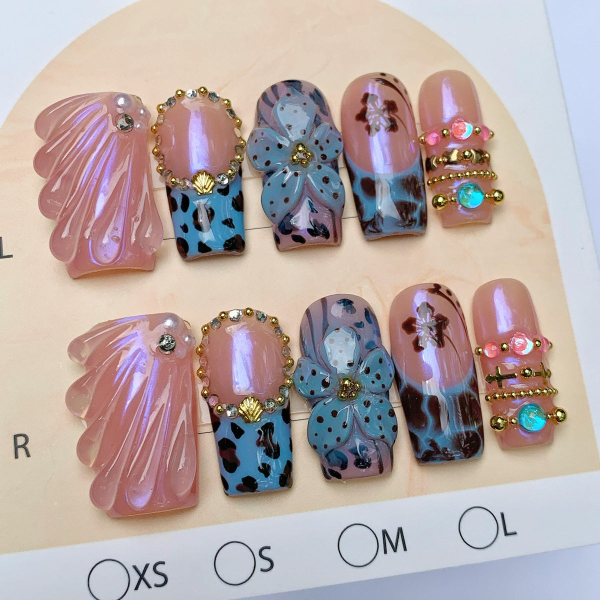 Iridescent Pink Shell and Blue Floral Press-On Nail Set with Gold Bead Details