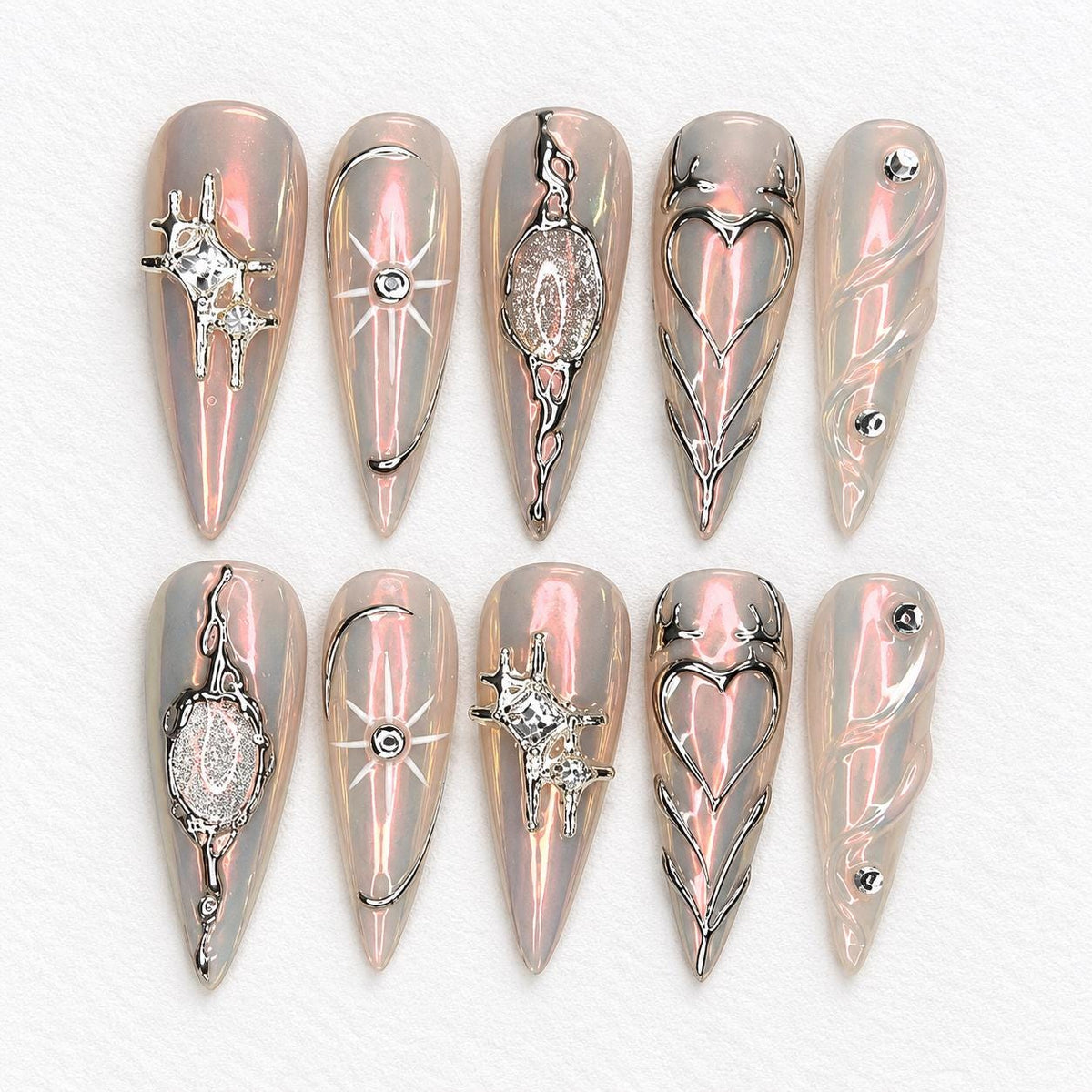 Iridescent Pink Silver Chrome Heart and Starburst Y2K Nail Set