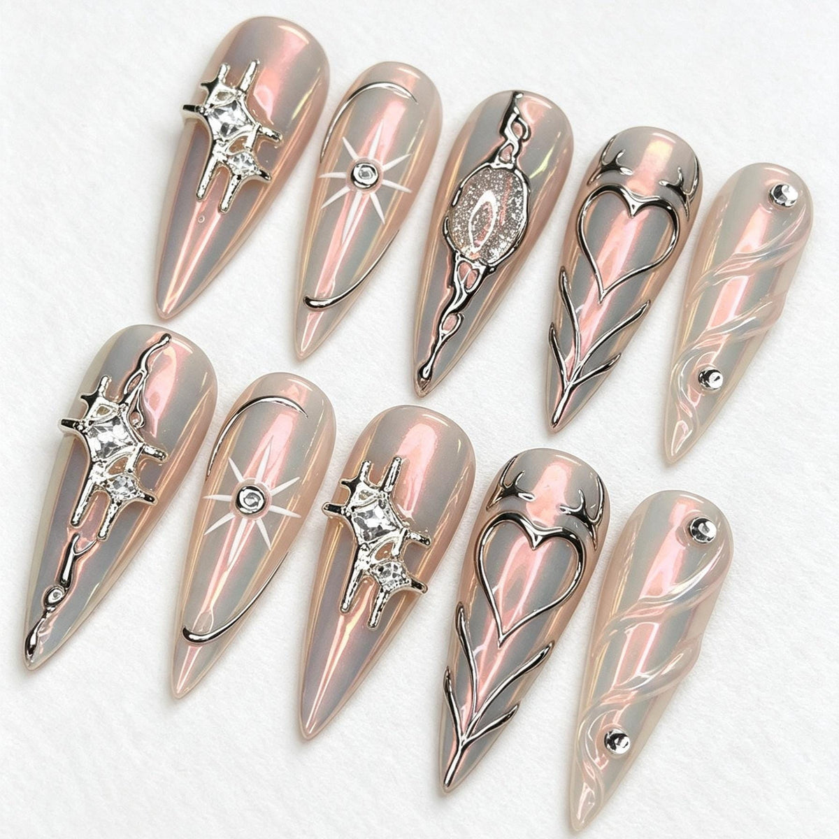 Iridescent Pink Silver Chrome Heart and Starburst Y2K Nail Set