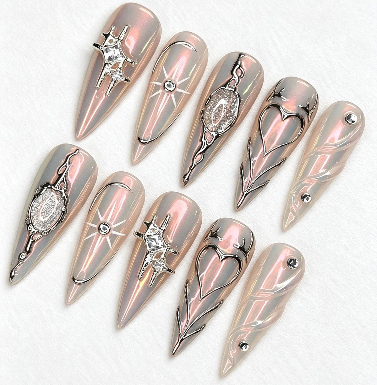 Iridescent Pink Silver Chrome Heart and Starburst Y2K Nail Set