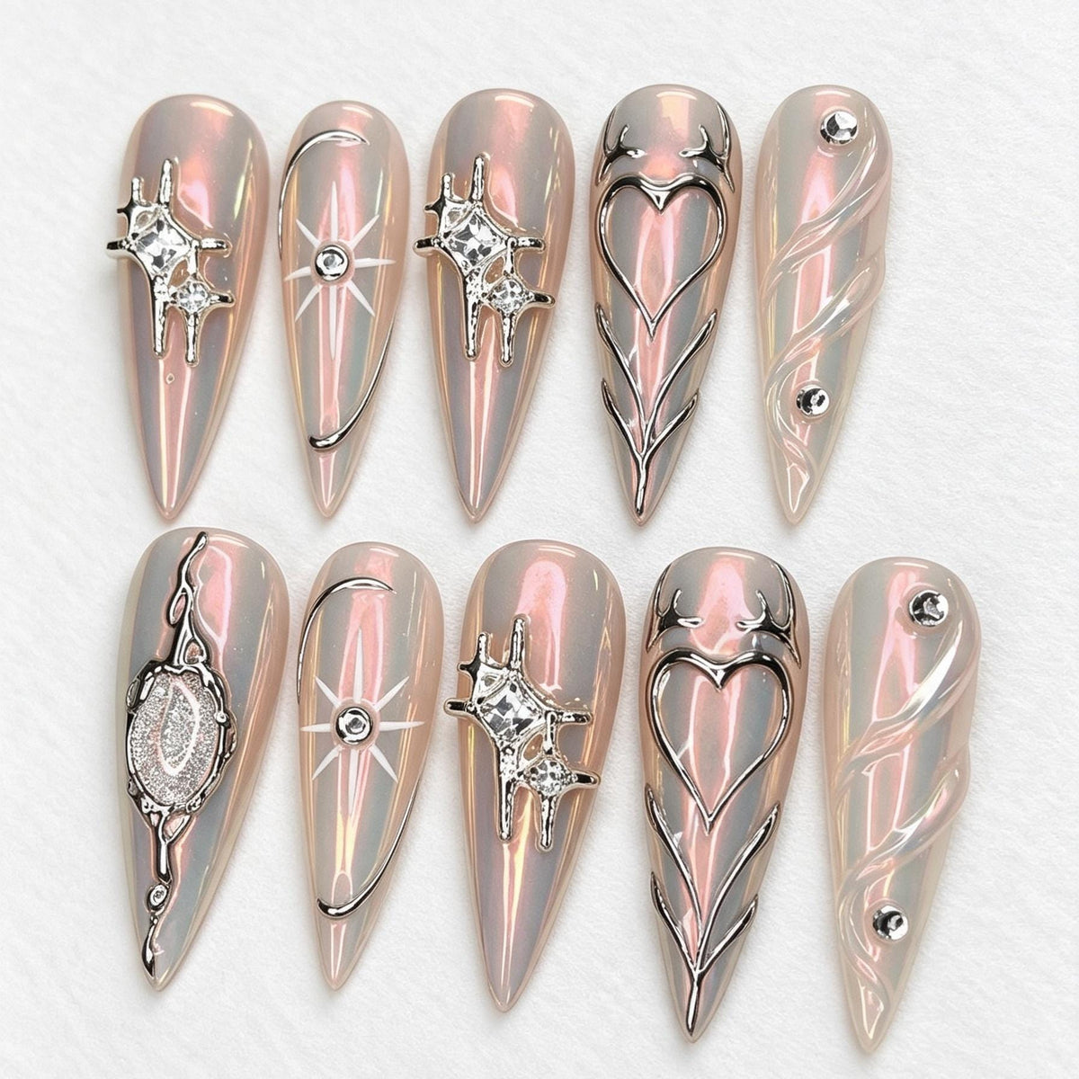 Iridescent Pink Silver Chrome Heart and Starburst Y2K Nail Set