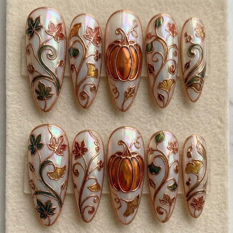 Iridescent Pumpkin and Autumn Foliage Press-On Nails with Rose-Gold Scrollwork