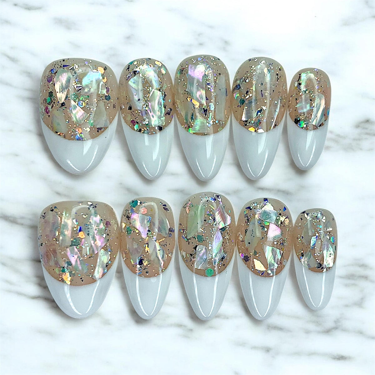 Iridescent Shell French Tip Press-On Nails with Nude Glitter