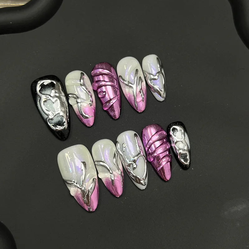 Iridescent White Nails With Pink Chrome Ombré Tips and Silver Accents
