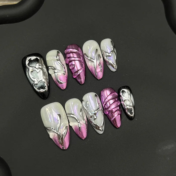 Iridescent White Press On Nails With Pink Chrome Ombré Tips and Silver Accents