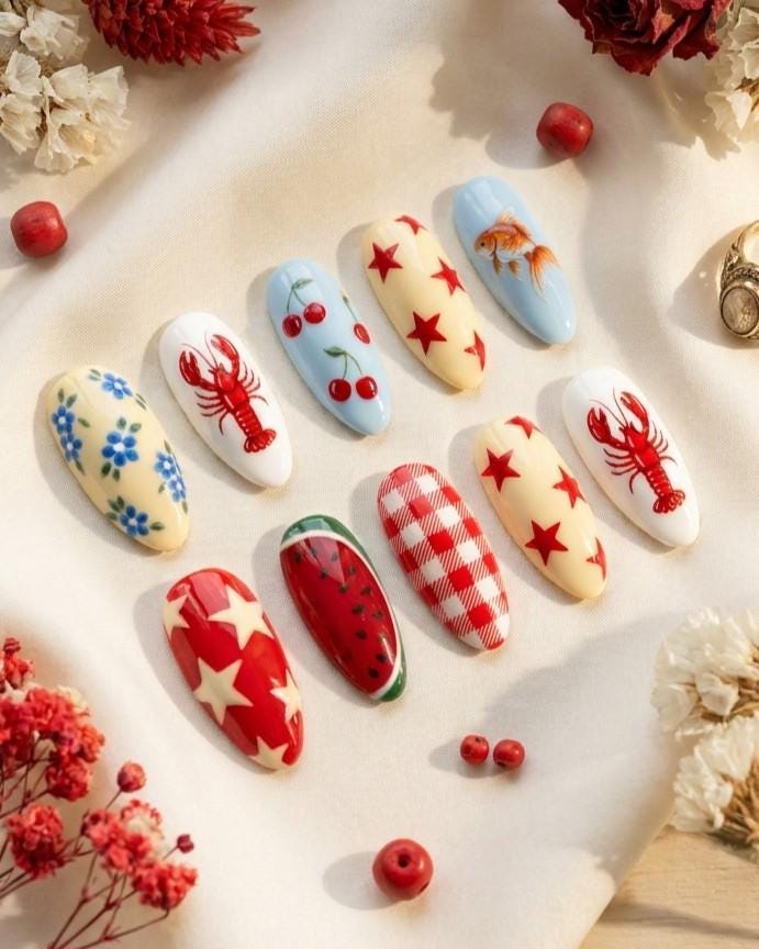 Italian Summer Mismatched Nails with Lobsters, Cherries, Stars and Gingham