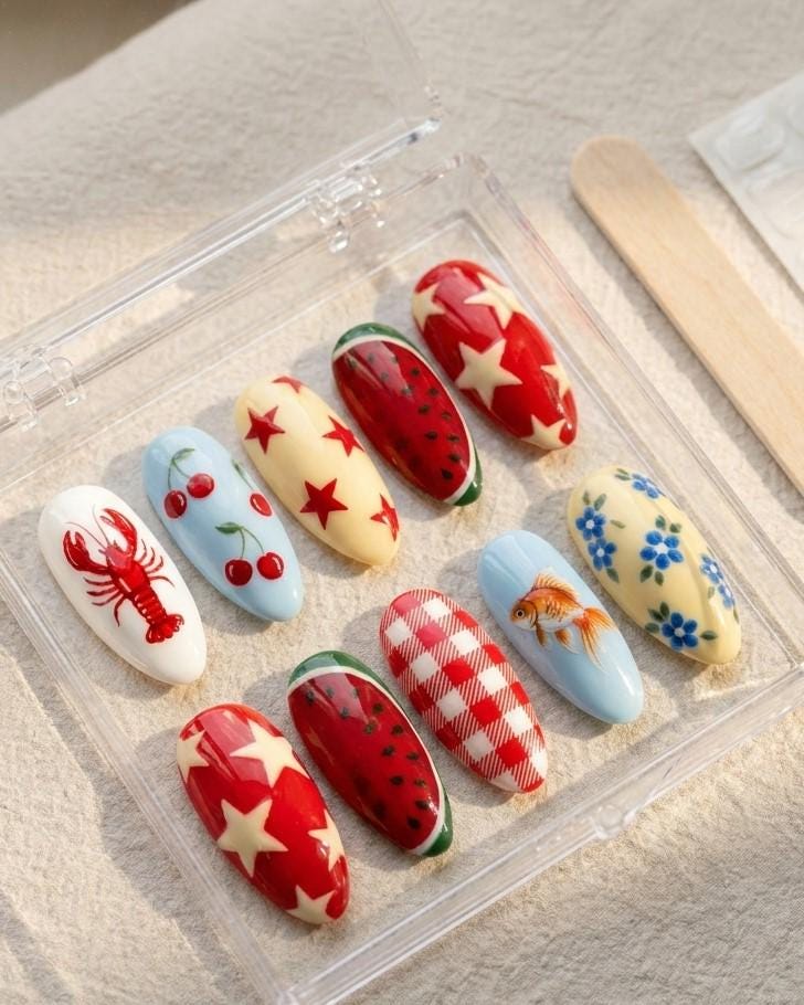 Italian Summer Mismatched Nails with Lobsters, Cherries, Stars and Gingham
