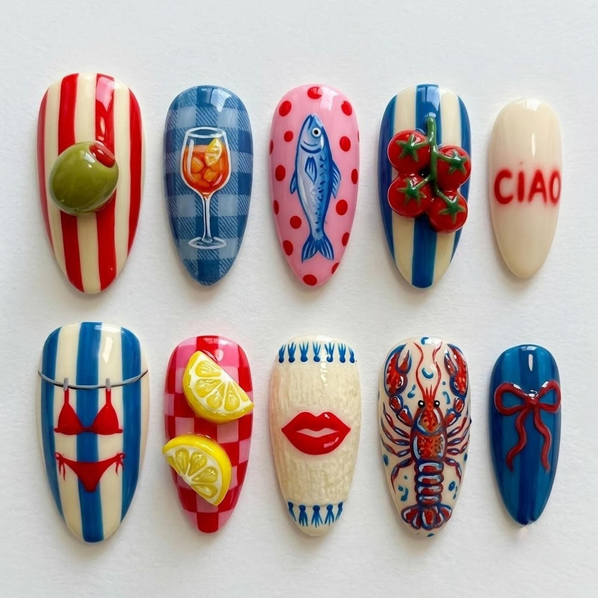 Italian Summer Nails With 3D Lemons, Tomatoes, Aperitif Art, and Mediterranean Motifs