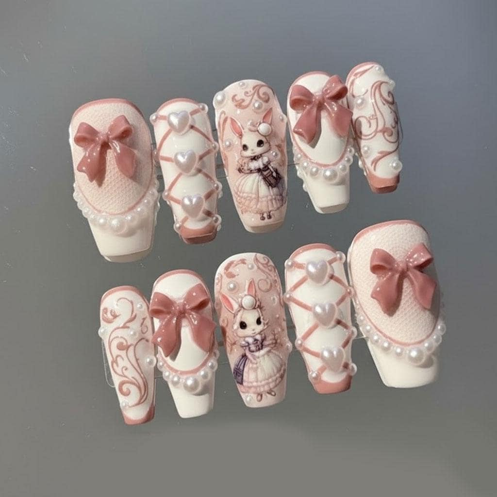 Ivory and Dusty Pink Rabbit Nail Set with 3D Bows, Hearts, and Pearls