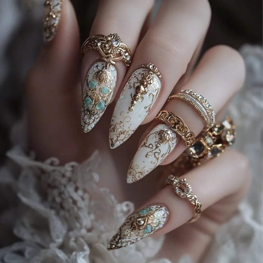 Ivory and Gold Filigree Press On Nails With Turquoise Stones