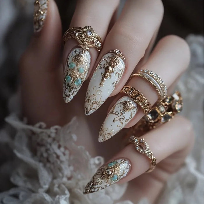 Ivory and Gold Filigree Press On Nails With Turquoise Stones