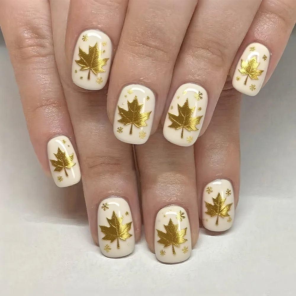 Ivory and Gold Maple Leaf Press On Nails