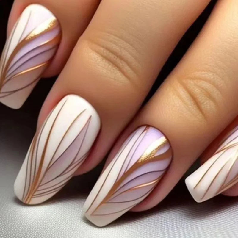Ivory and Lavender Nails with Flowing Gold Lines