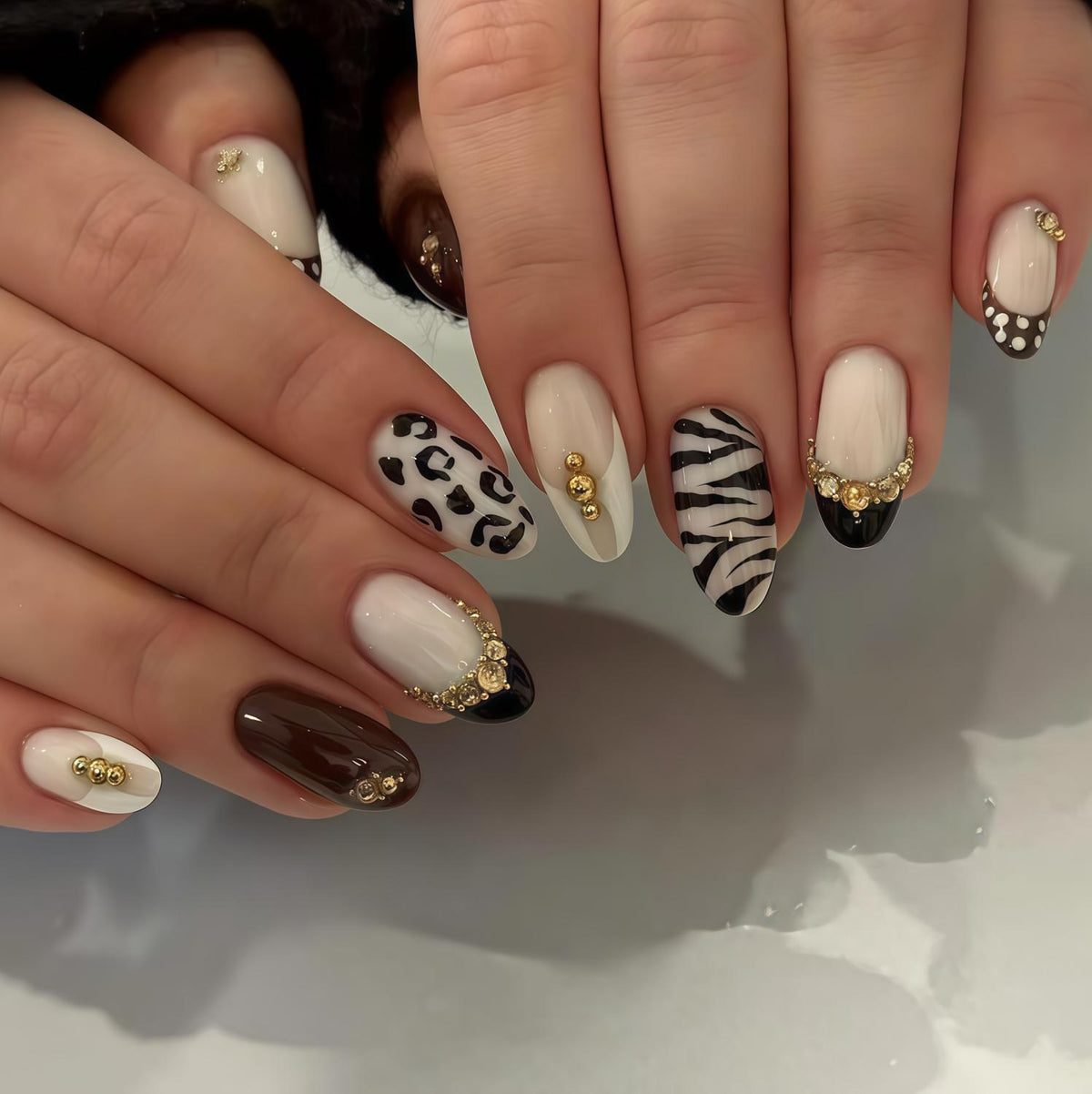Ivory, Black & Brown Safari Animal Print Nails with Gold Bead Accents