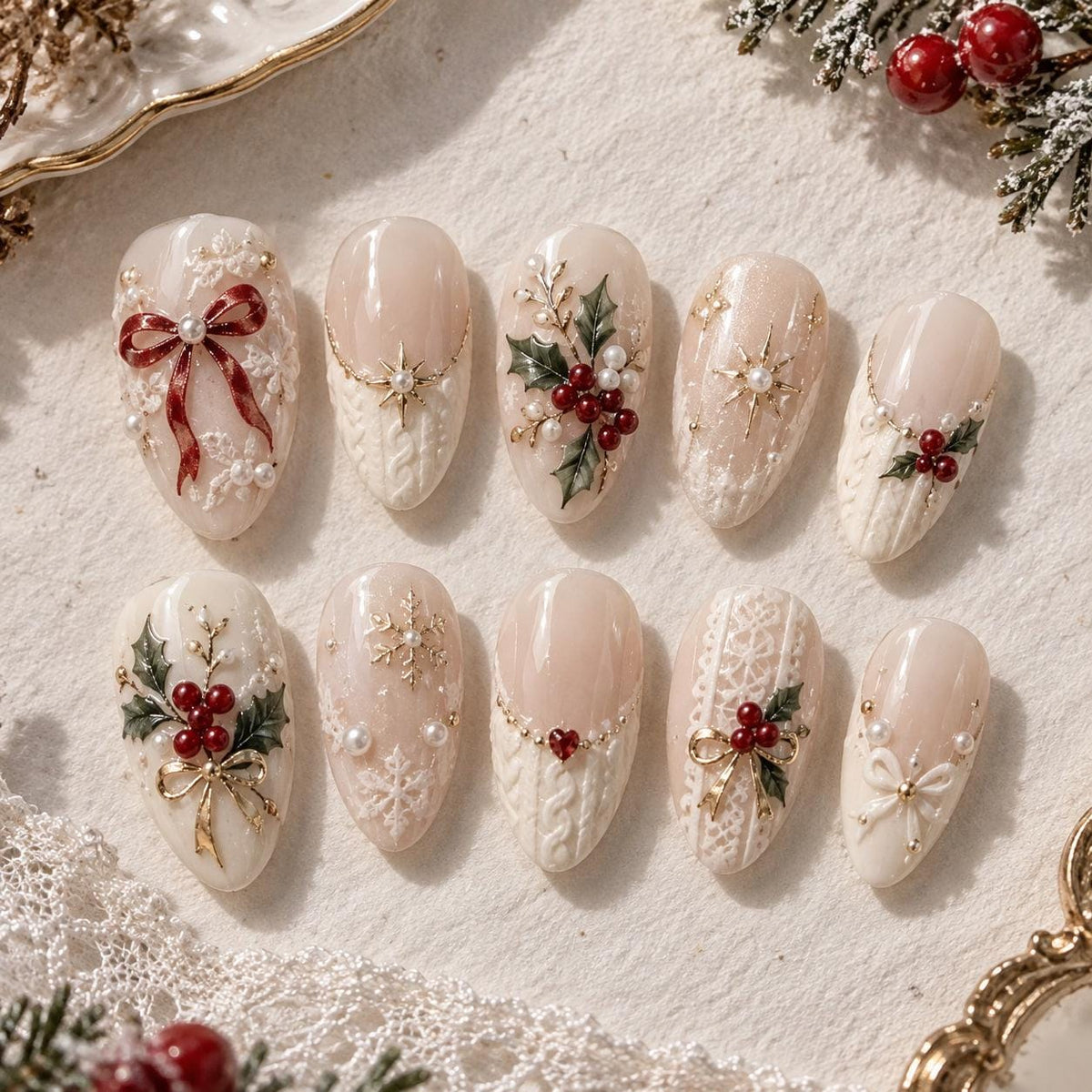Ivory Cable-Knit & Lace Christmas Nails With Burgundy Bows and Holly
