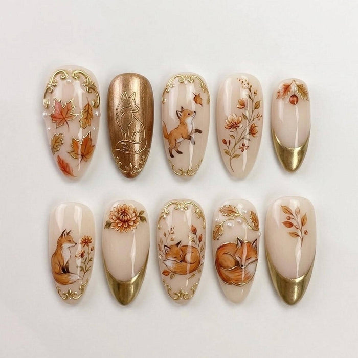 Ivory Fox and Autumn Leaf Press On Nails with Gold Details