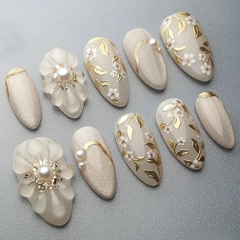 Ivory Gold Leaf Floral Press On Nails with 3D Pearl Flowers