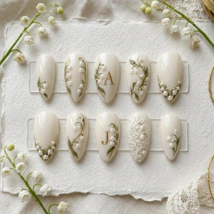 Ivory Lily of the Valley Bridal Press On Nails with Gold Accents and Pearl Details