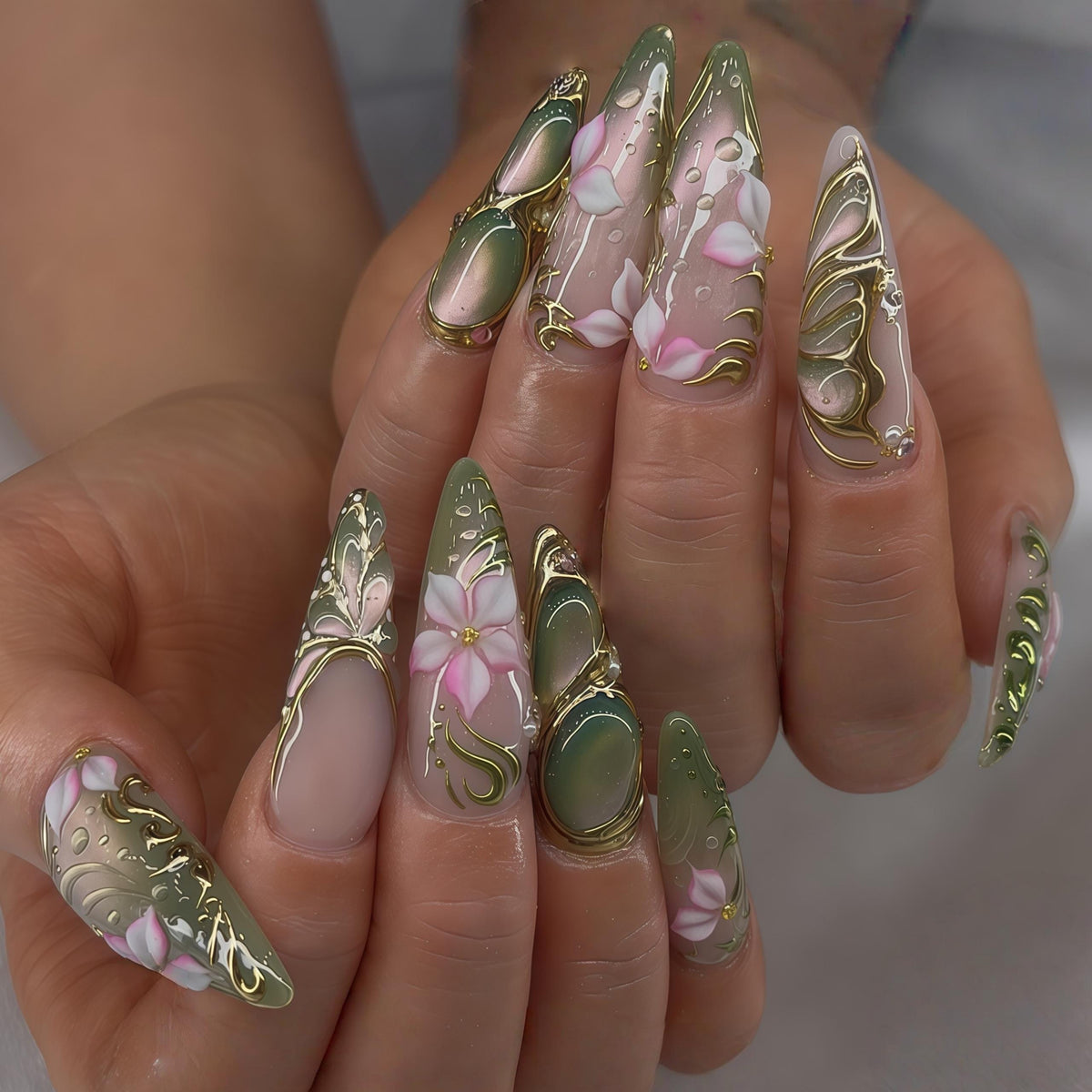 Jade Green and Blush Pink Floral Nails with Raised Gold Scrollwork