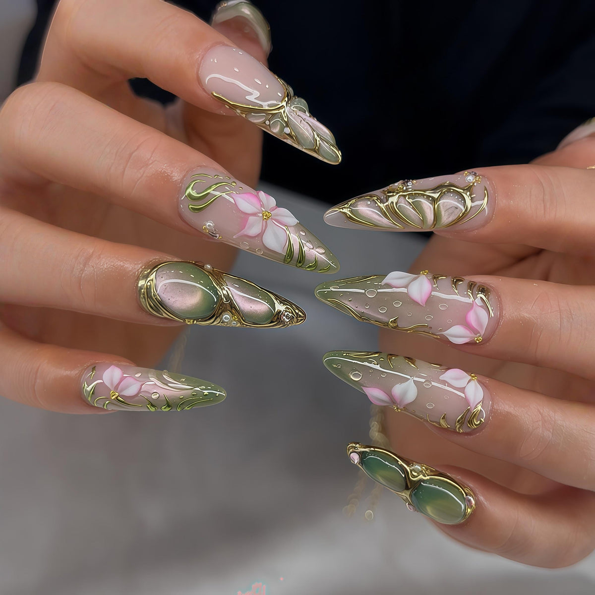 Jade Green and Blush Pink Floral Nails with Raised Gold Scrollwork