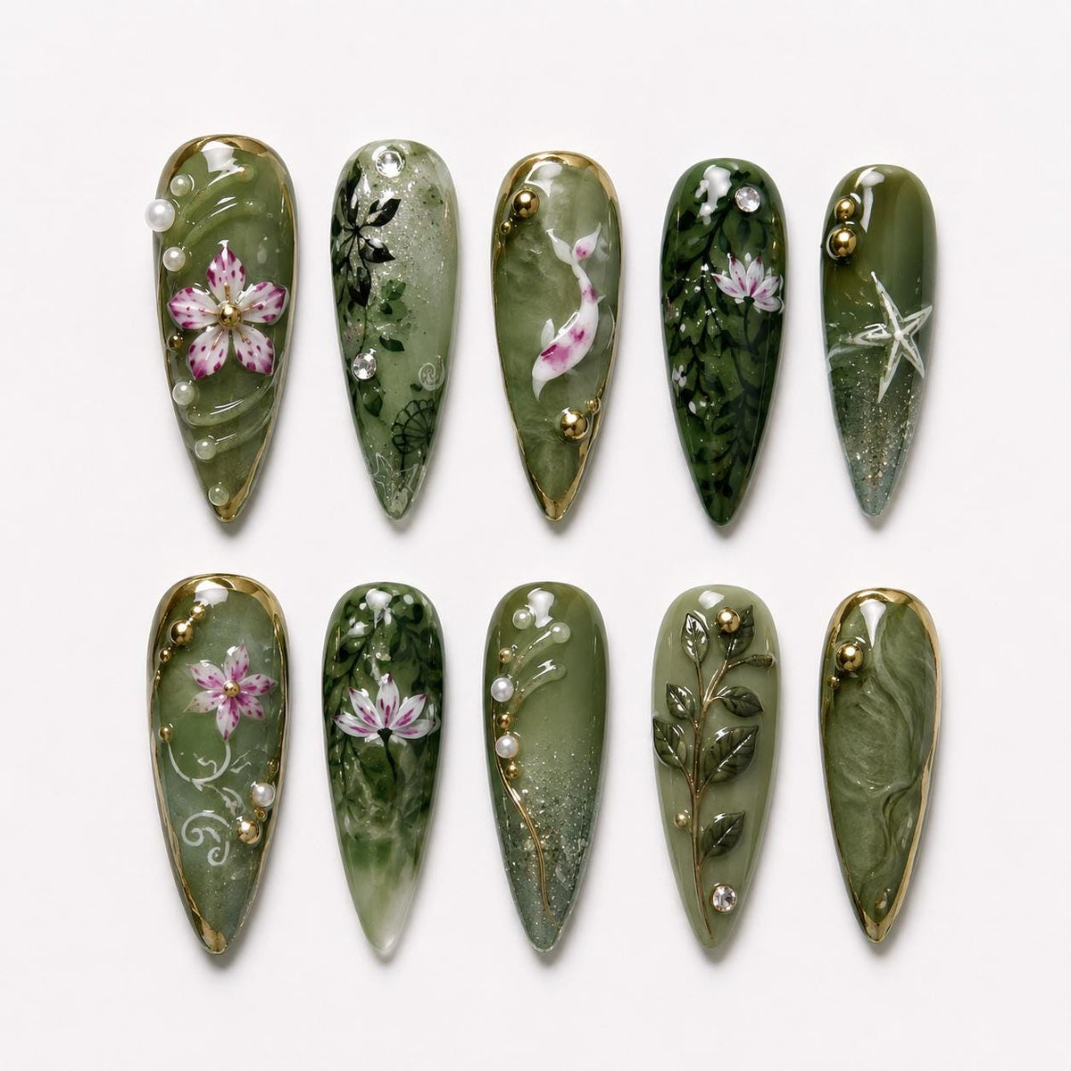 Jade Green Botanical Flower and Fish Press On Nails with Gold Accents