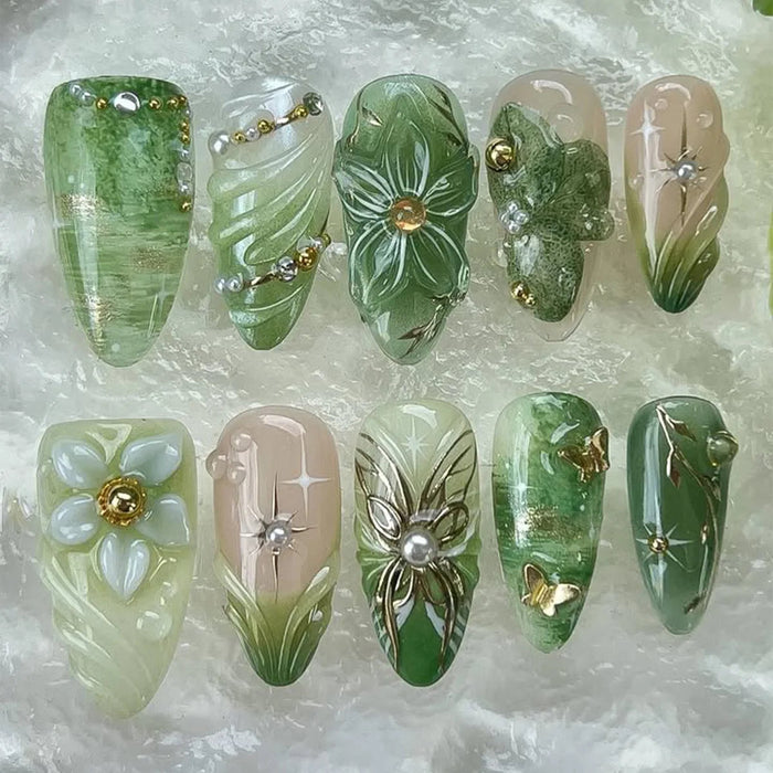 Jade Green Botanical Press On Nail Set With 3D Flowers and Gold-Tone Accents